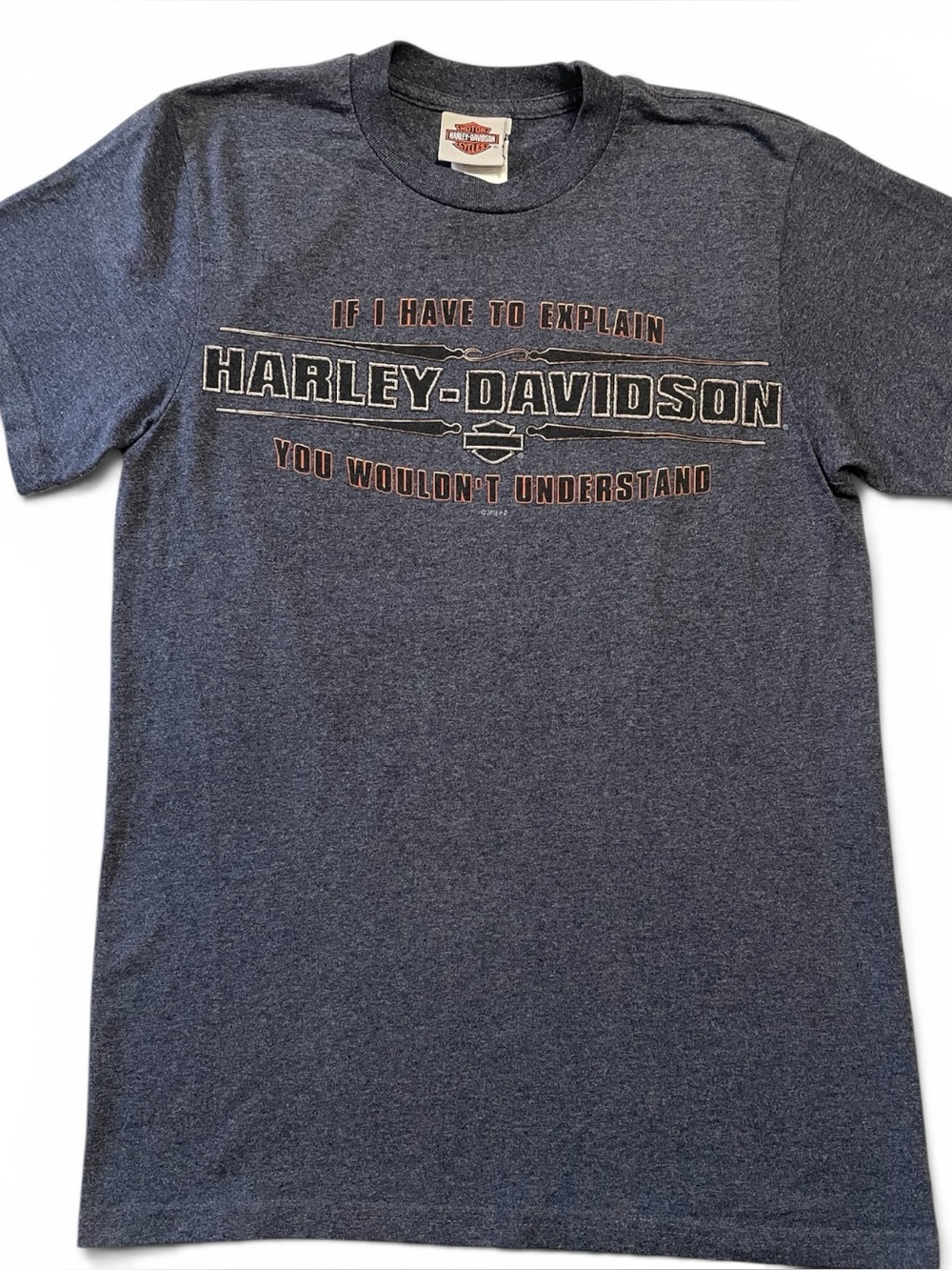 Harley-Davidson Heather Blue Tee with  Roughneck Longview TX Graphic. Size S